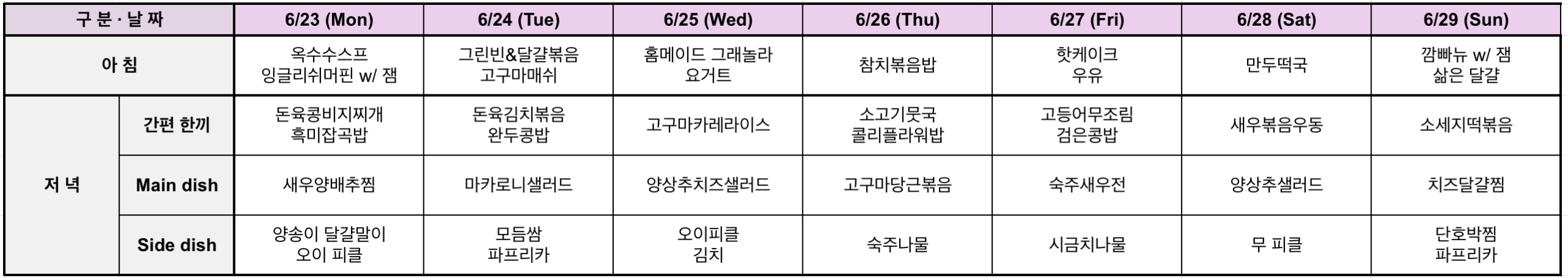 '25년 6월 23일주 식단표