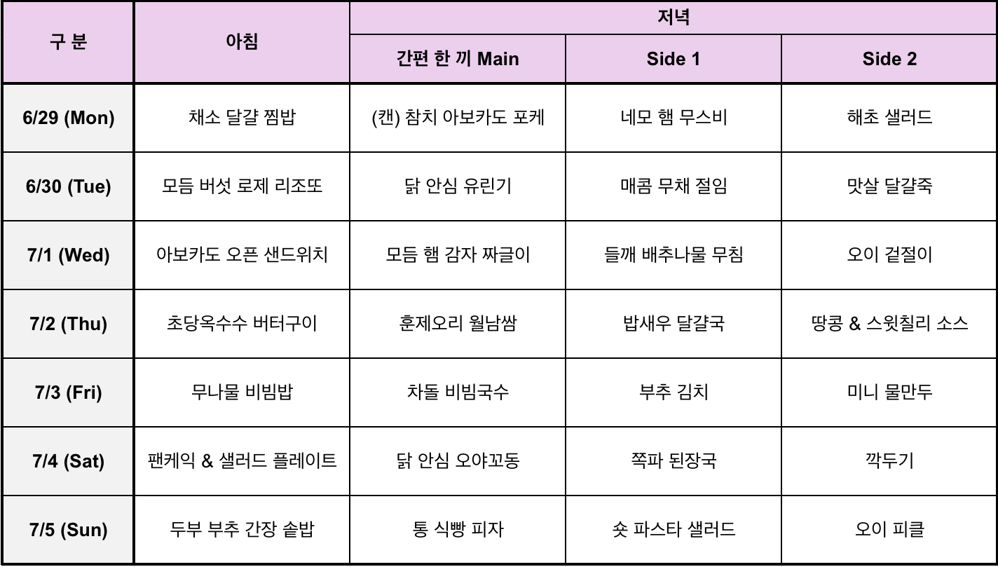 7월 1주 일주일 식단표